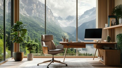 a desk with a computer and a chair in front of a window