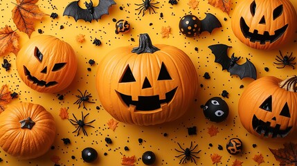 Halloween-themed background featuring pumpkins, spiders, bats, and eyeballs on a vibrant yellow surface
