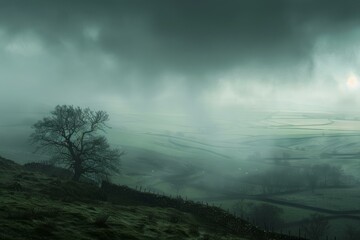 Fototapeta premium Fog covering green fields and trees in a valley with cloudy sky and a lonely tree in the foreground