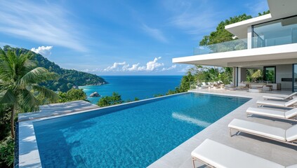 Fototapeta premium Luxury Cliffside Villa with Infinity Pool and Ocean View in Tropical Paradise