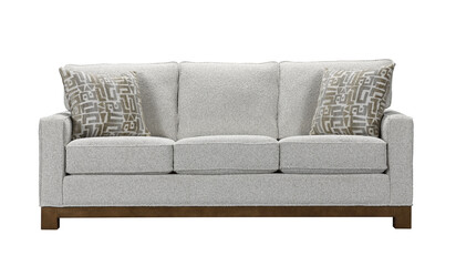 A sofa with pillows in a minimalist design with wooden legs + clipping path. The sofa is isolated on a White background.