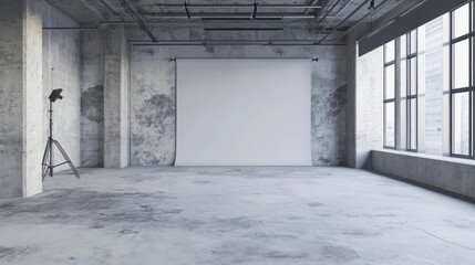 a room with a white backdrop and a tripod