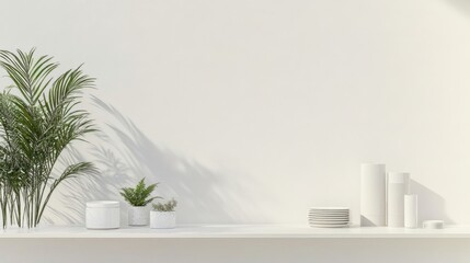 a shelf with a potted plant and a plate