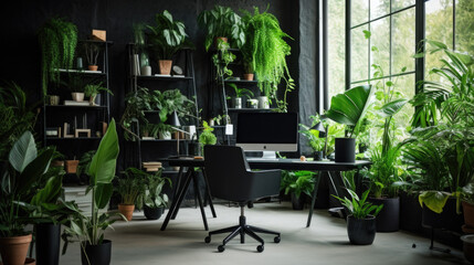 Modern Home Office with Green Indoor Plants and Natural Lighting. Earth Day. International Work from Home Day. World Interior Design Day.