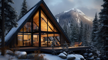Cozy A-Frame Cabin in Mountain Forest with Warm Evening Lighting and Lake. National Hiking Day. Outdoor adventure. Travel and tourism. Cabin rental. 