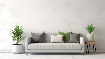 Stylish living room interior featuring a gray sofa with green accent pillows, vibrant potted plants, and a wooden coffee table, creating a cozy and eco-friendly atmosphere.  Interior designers or home