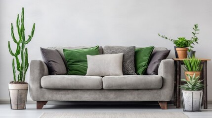 Stylish living room interior featuring a gray sofa with green accent pillows, vibrant potted plants, and a wooden coffee table, creating a cozy and eco-friendly atmosphere.  Interior designers or home