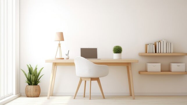 Cozy Small Home Office in Light Colors with Minimalist Design. National Work From Home Day. National Clean Off Your Desk Day. International Design Day. 