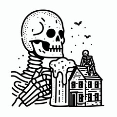 A whimsical illustration of a skeleton enjoying a beer while another skeleton sits on a house, set against a playful backdrop of bats.