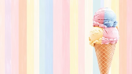 Ice cream cone, colorful striped background, pastel tones, cute and whimsical, summer vibes, sweet treat, playful and fun