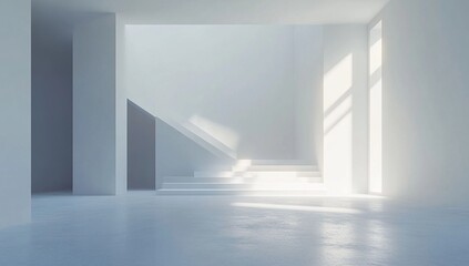 Obraz premium Modern Minimalist Architecture: Sunlight Illuminates Empty Room with Stairs, Creating Serene Ambiance.