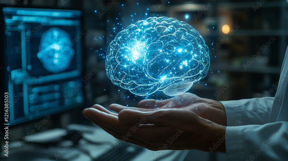 Poster Doctor holding a floating blue digital brain scan hologram over his hands with glowing elements. Generative ai