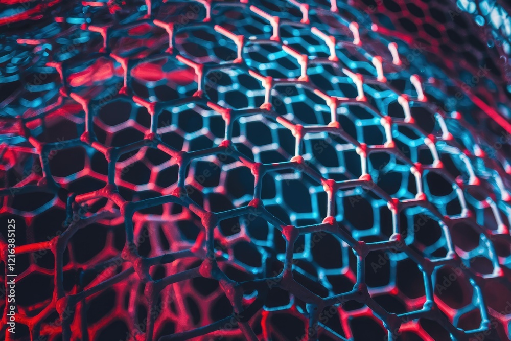 Poster abstract hexagonal lattice structure illuminated with vibrant red and blue lighting, creating a visu