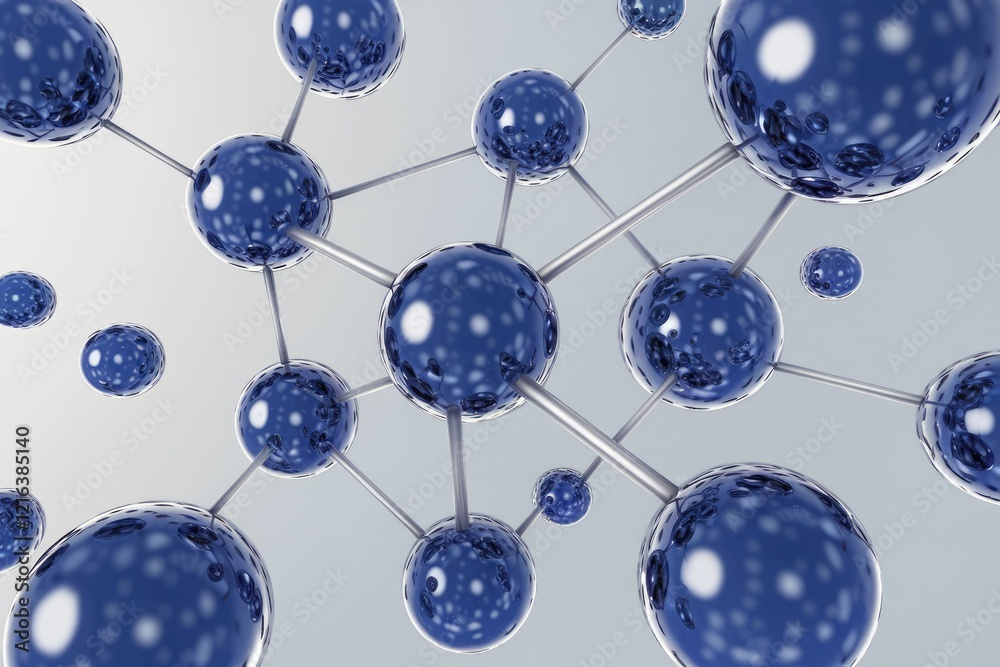 Poster a 3d rendering of a molecule structure with interconnected blue spheres, representing atoms and bond