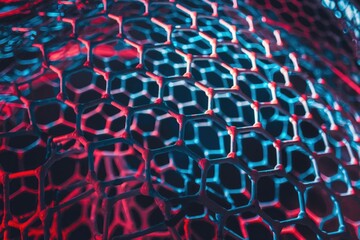 Fototapeta premium Abstract hexagonal lattice structure illuminated with vibrant red and blue lighting, creating a visually striking pattern.