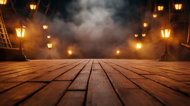 Pirate ship interior with wooden floor and seating for gatherings