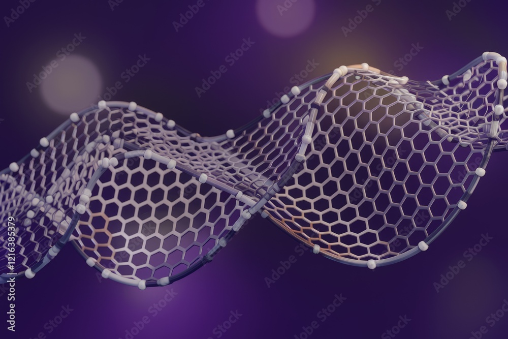 Poster abstract 3d rendering of a hexagonal lattice structure, resembling a wavy graphene sheet.