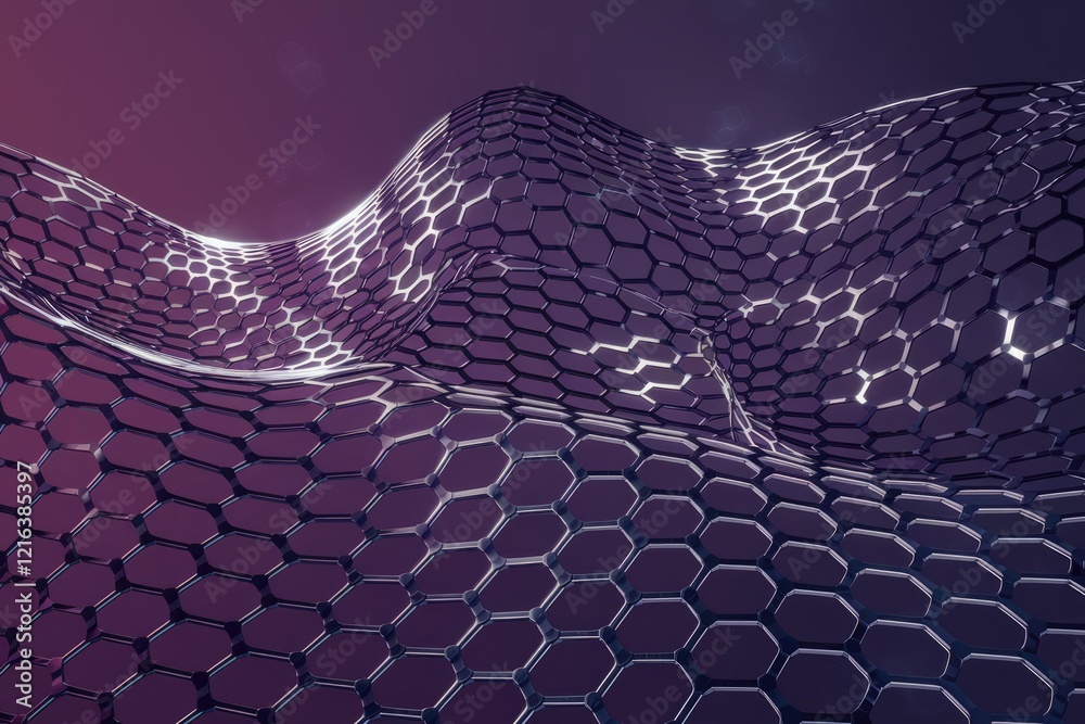 Poster abstract 3d rendering of a dark purple hexagonal mesh, creating a wavy, flowing pattern.
