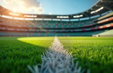 Empty sports field at stadium during daytime. Green grass, white line mark center of field. Large stadium stands in background with many empty seats. Sunny day. Great photo for sports magazines,