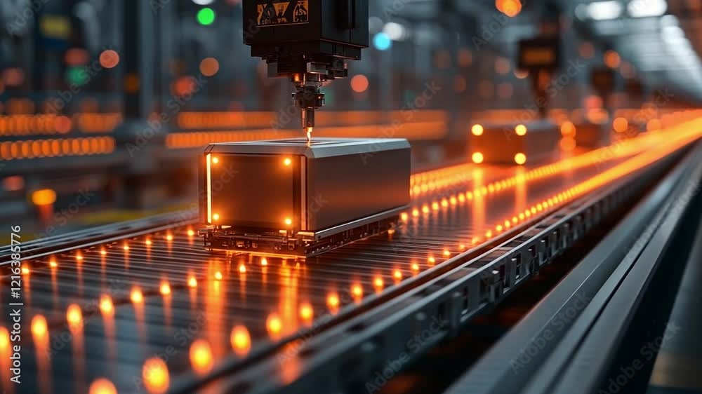 Poster advanced automated conveyor system transporting containers in a high-tech warehouse environment