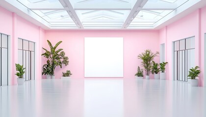 Fototapeta premium Modern art gallery interior with pink walls, empty space for display, and lush greenery in the background
