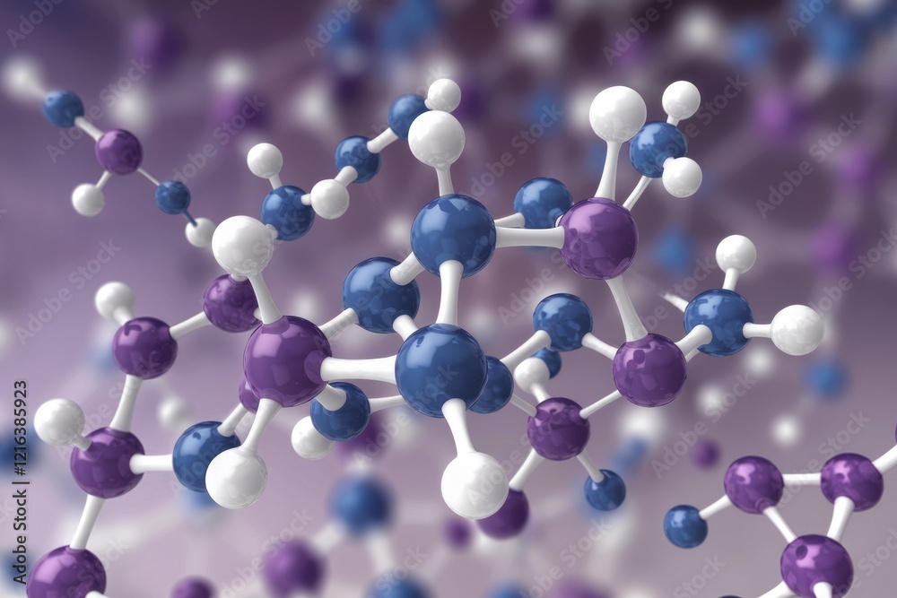 Poster a 3d rendering of a complex molecule, showcasing its intricate structure with atoms connected by bon