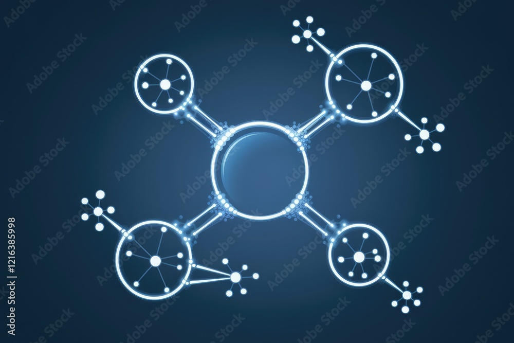 Poster abstract network graphic depicting interconnected nodes and circular structures, representing global