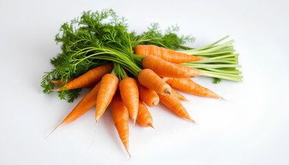 Fresh bunch of ripe carrots isolated with green leaves on a white background