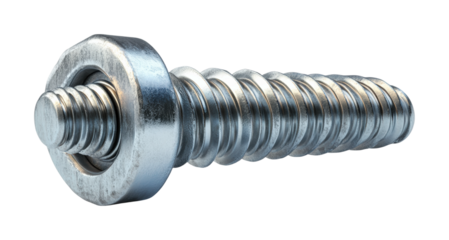 Metal screw resting on a smooth surface highlighting its intricate threads and reflective surface under bright light isolated on transparent background