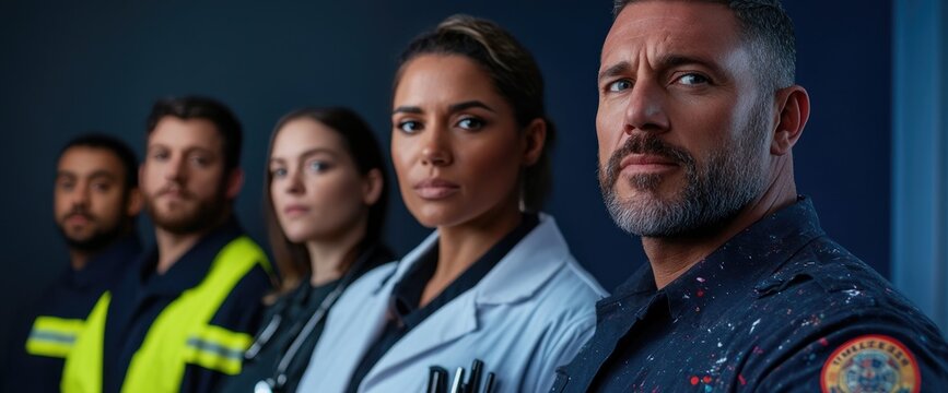 Emergency team portrait  serious medics, dark background
