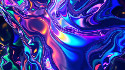 Fototapeta premium Iridescent chrome wavy gradient cloth fabric abstract background, ultraviolet holographic foil texture, liquid surface, ripples, metallic reflection. Generative AI