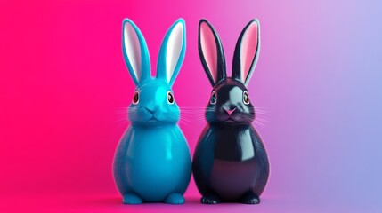 Fototapeta premium Two rabbits, one blue and one black, are standing next to each other on a pink background