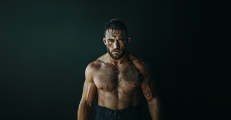 Fototapeta premium Strong and resilient fighter showcases determination after an intense match under dramatic lighting in a training space