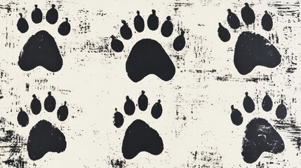 Fototapeta premium Black animal paw prints on white background, Repetitive paw print pattern, Rustic distressed look art