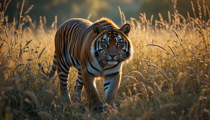 Naklejka premium Tiger Stalks Through Golden Grass at Sunset