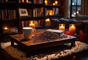 messy coffee table scene featuring scattered coffee spilled cozy warmth, aroma, beverage, barista, blanket, brew, caffeine, chaos, cup, decor, decorative