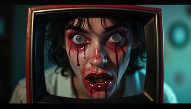 Woman in vintage TV frame. Frightened expression. Blood makeup. Retro horror vibe. 80s style. Scary image. Suitable for horror film poster. Vintage TV screen. Scary face. Blood dripping from face.