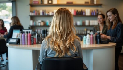 Woman sits in salon chair waiting to pay. Hairdresser in salon behind checkout counter. Client ready for hair styling treatment. Pro beauty salon. Modern salon interior. Hair care products visible on
