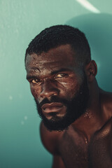 Obraz premium Portrait of a resilient fighter revealing determination and strength after an intense match in a training facility, showcasing the battle-worn expression of a dedicated athlete