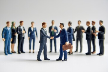 Two businessmen shake hands, symbolizing a successful business deal or partnership, while other colleagues observe in the background.