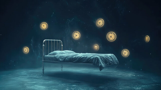 A floating bed in a dark void surrounded by glowing clocks, symbolizing the anxiety of sleep disorders.