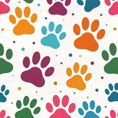 Colorful dog paw prints create vibrant pattern. Paw prints in various colors make cheerful, playful design. Abstract pattern seamless, repeatable. Design suitable for many uses, like wallpapers,
