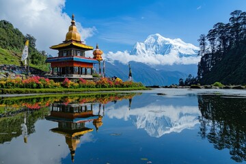 Himalayan temple reflection, serene lake, mountain backdrop, peaceful tourism