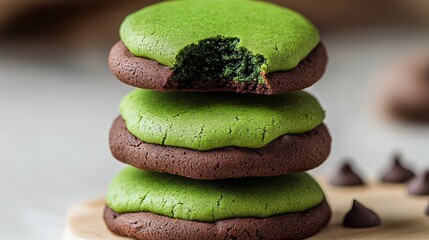 Stack of green cookies with chocolate chips on top. The cookies are cut in half and one half is missing