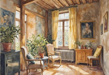 Fototapeta premium Cozy Sunlit Room With Warm Colors and Natural Elements Inviting Relaxation. Generative AI