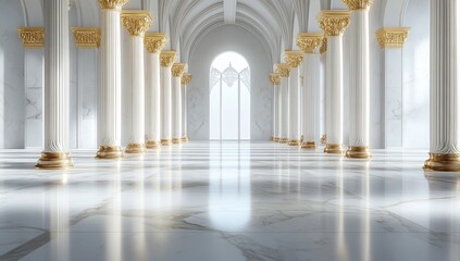 Grand Hallway: White Marble Columns and Golden Accents Gleam Brilliantly Under Sunlight