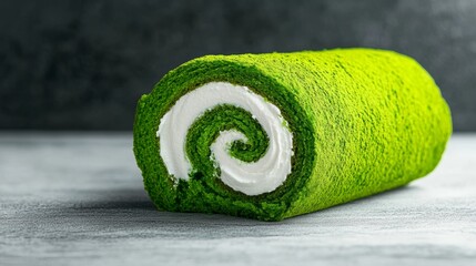 Green and white cake roll sits on a table. The cake is cut in half, revealing a green and white filling