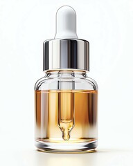 Naklejka premium Serum dropper bottle for skincare serum with golden serum oil on white background ,luxury serum dropper bottle , skincare product mockup minimal , golden facial oil branding