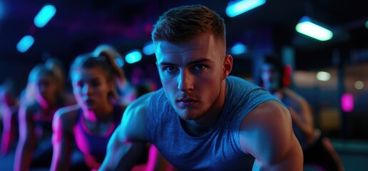 Obraz premium Fitness class, gym workout, intense training, neon lights, group exercise