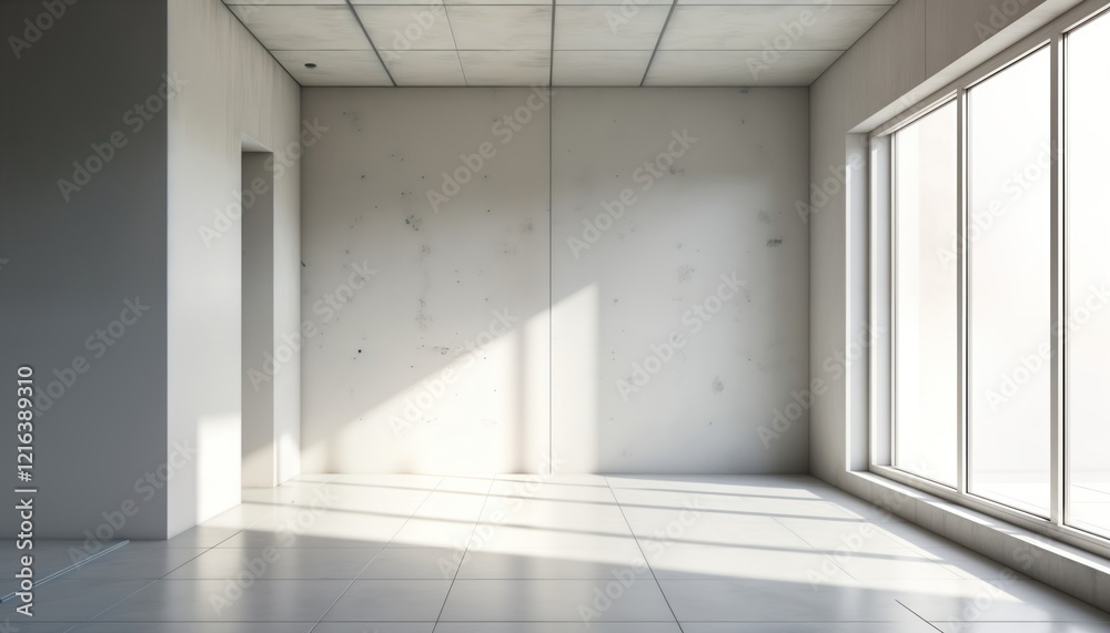 Poster Empty white concrete room with large window. Sunlight casts shadows on floor. Modern minimalist interior design. Suitable for product display architectural visualization. Bright, clean space. Modern